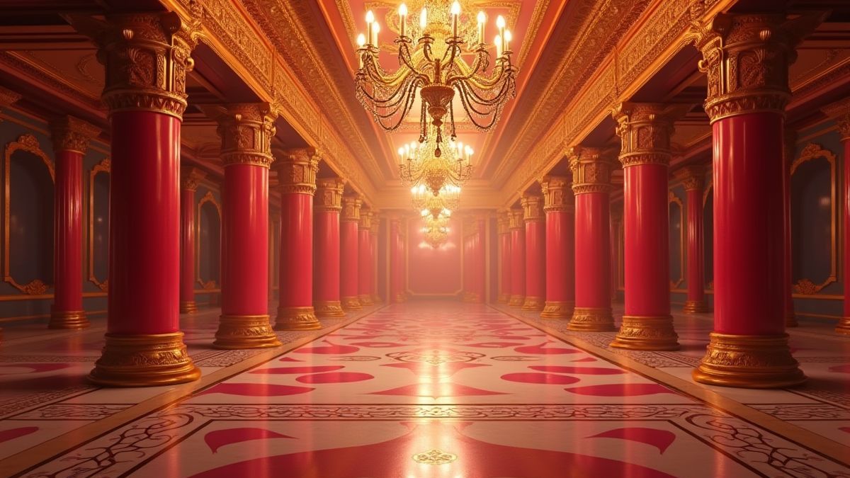 Interior de um palácio real com candelabros dourados e pilares incrustados com rubis.