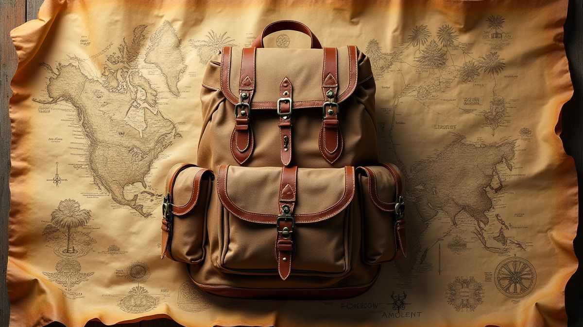 Una mochila llena de tesoros rodeada de mapas antiguos.
