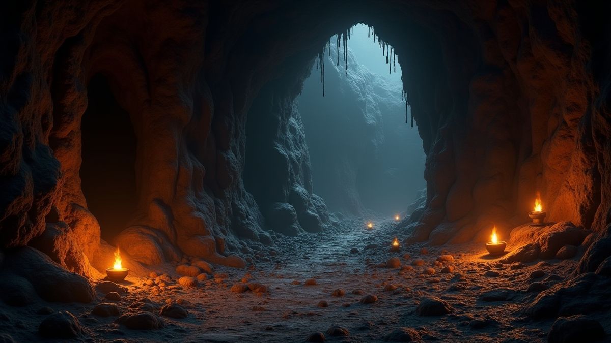 Una cueva antigua con linternas parpadeantes y tesoros dispersos.