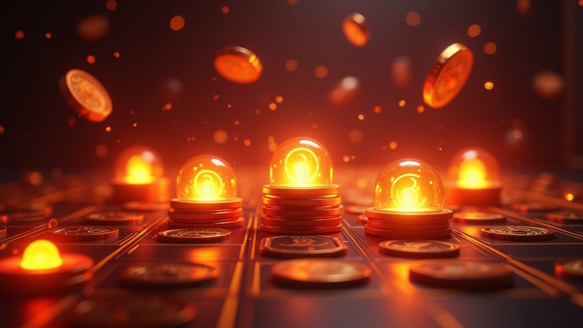 Leuchtende Münzen und Jackpot-Symbole auf einem Spielautomaten.