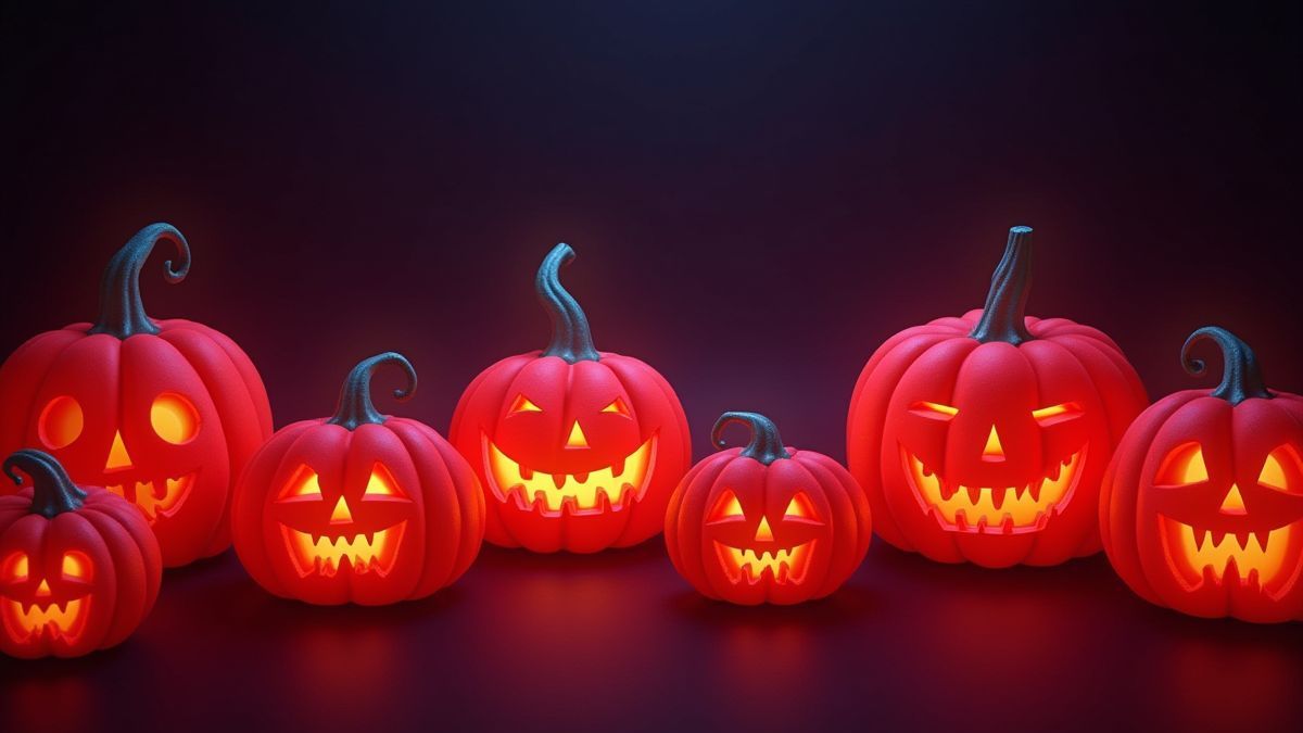 Calabazas de neón brillando en un entorno retro oscuro.