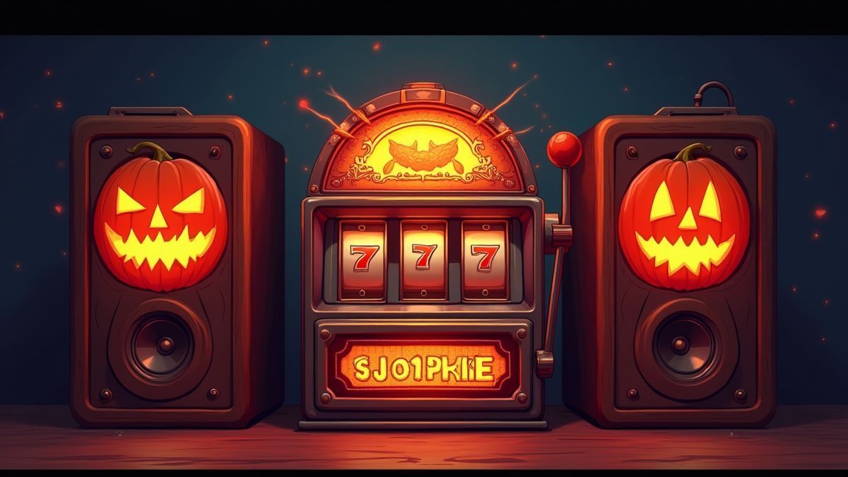 Dos altavoces de calabaza brillantes junto a una máquina tragamonedas retro.