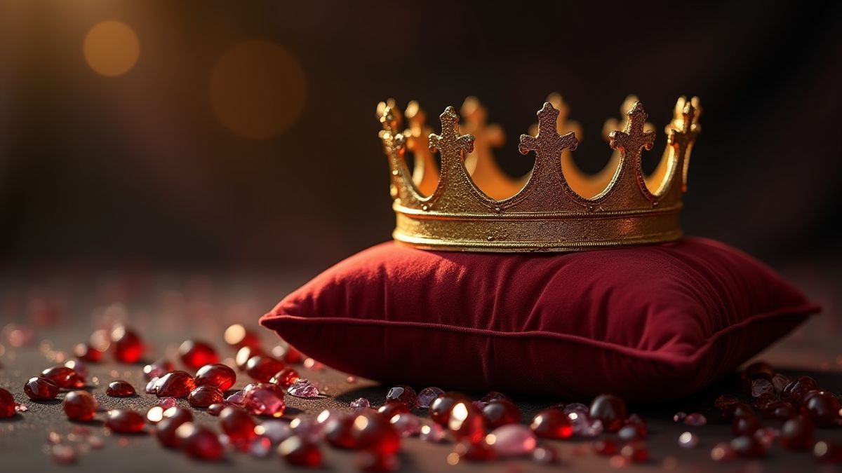 Een gouden kroon op een fluwelen kussen.