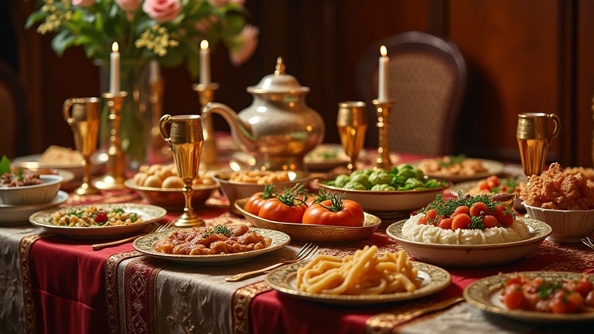 Koninklijke banquettabel vol lekkernijen en luxueuze decoraties.