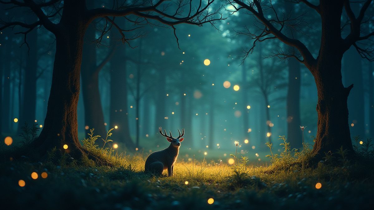 Wald, beleuchtet von Glühwürmchen und magischen Kreaturen.