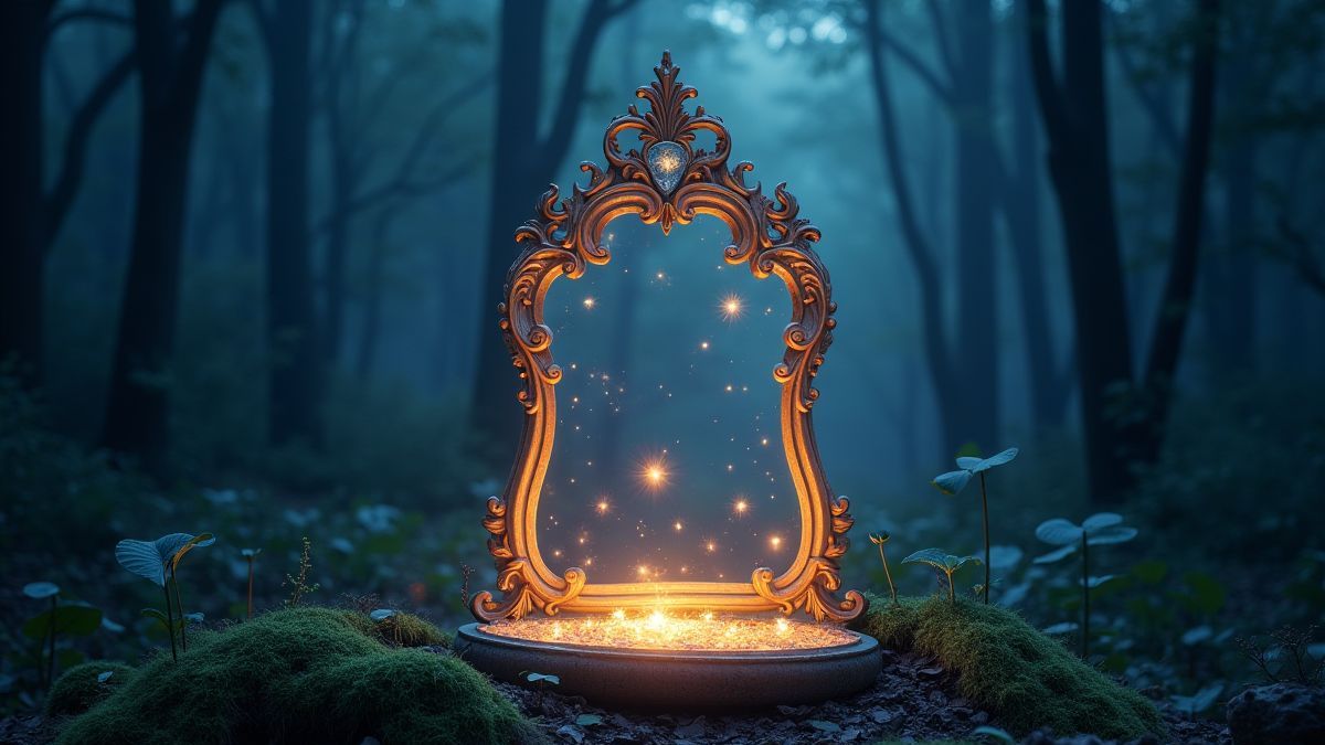 Magischer Spiegel, der in einem verzauberten Wald leuchtet.