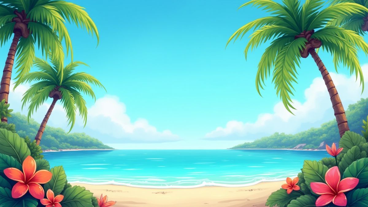 Een animatie van een tropisch eiland met bloemen en palmbomen.