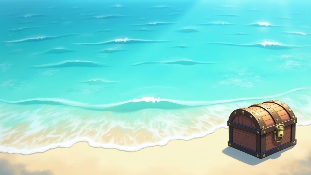 Kristalhelder water en een schatkist op een strand.