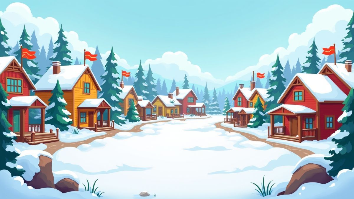 Een besneeuwd dorp met eigenaardige huizen en geanimeerde details.