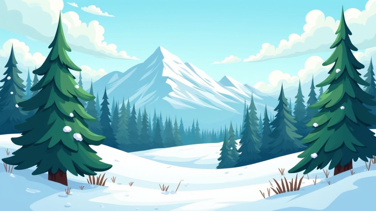 Geanimeerde scène van Colorado met bomen en sneeuw.