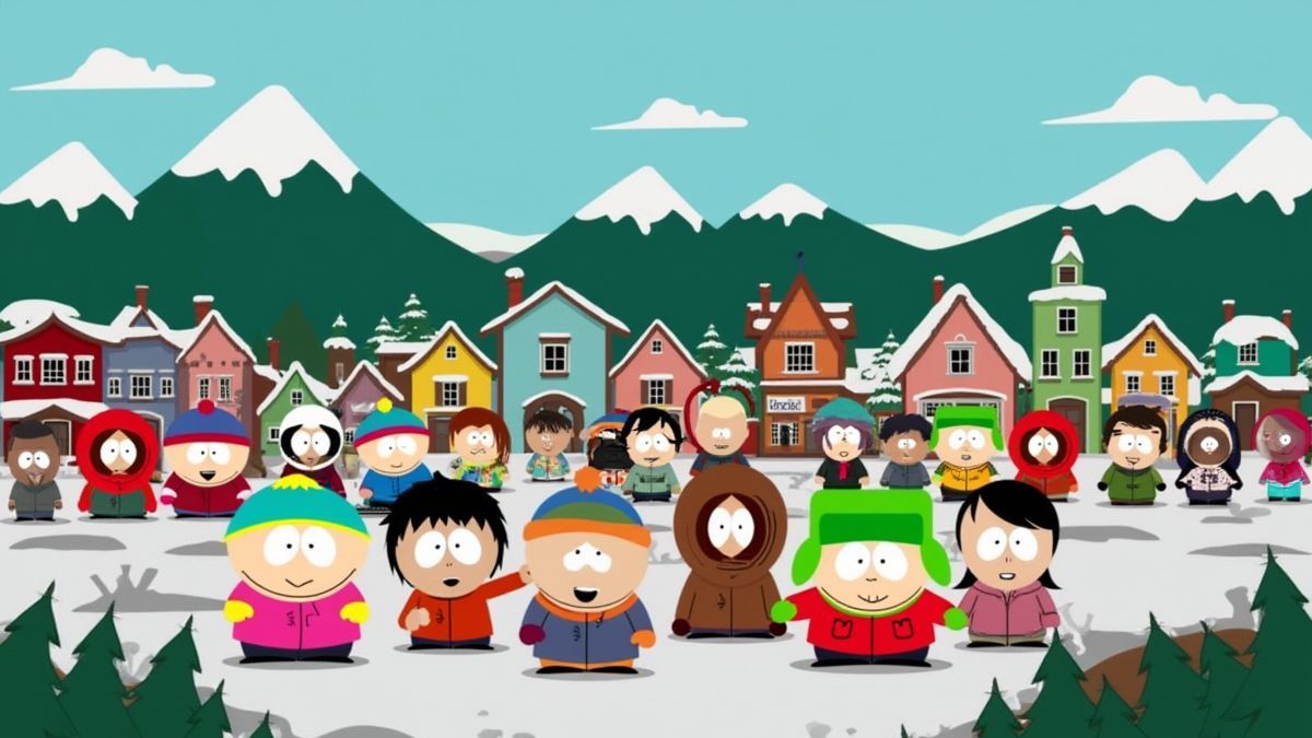 Cidade de South Park com personagens prontos para a batalha.