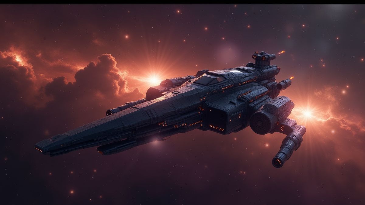 Eine futuristische Raumfähre, die durch eine leuchtende Galaxie fliegt.