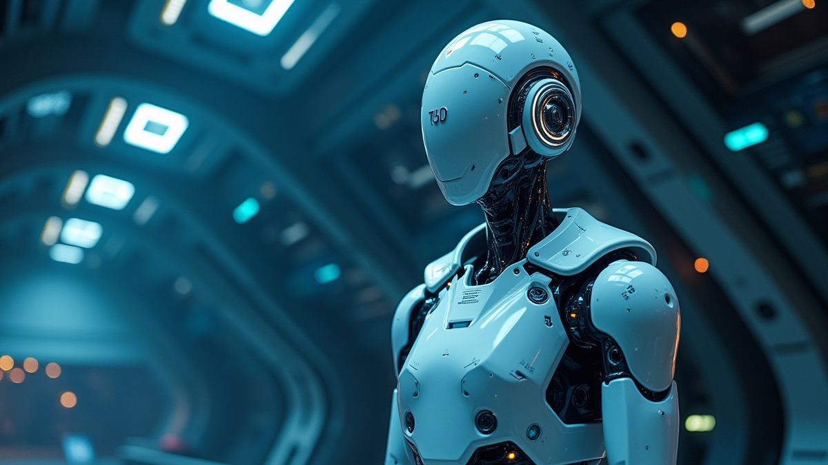 Futuristic robot in an advanced space station.