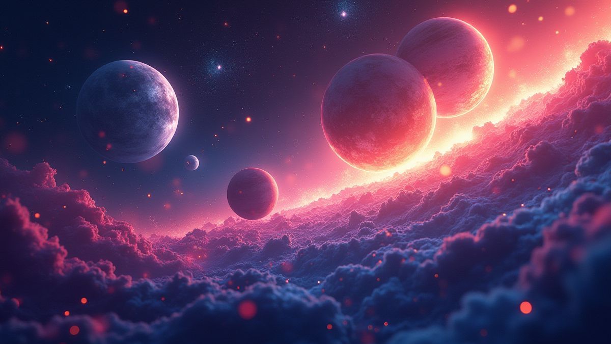 Animated galaxy with bright stars and planets.