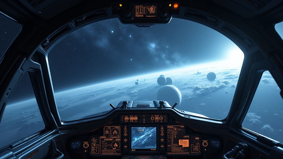 Kabine eines futuristischen Raumschiffs mit Blick auf die Sterne und Planeten.