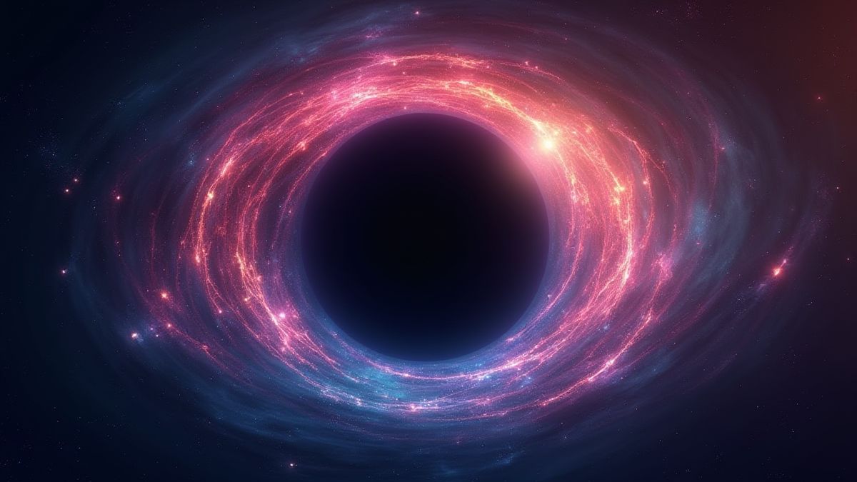Schwarzes Loch umgeben von bunten Lichtringen.