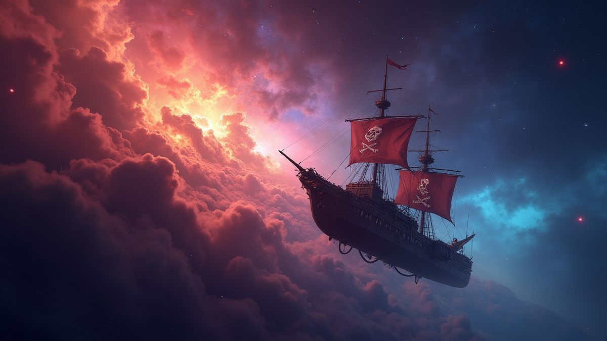 Vibrante Galaxie mit einem Raum-Piratenschiff, das hindurchfliegt.