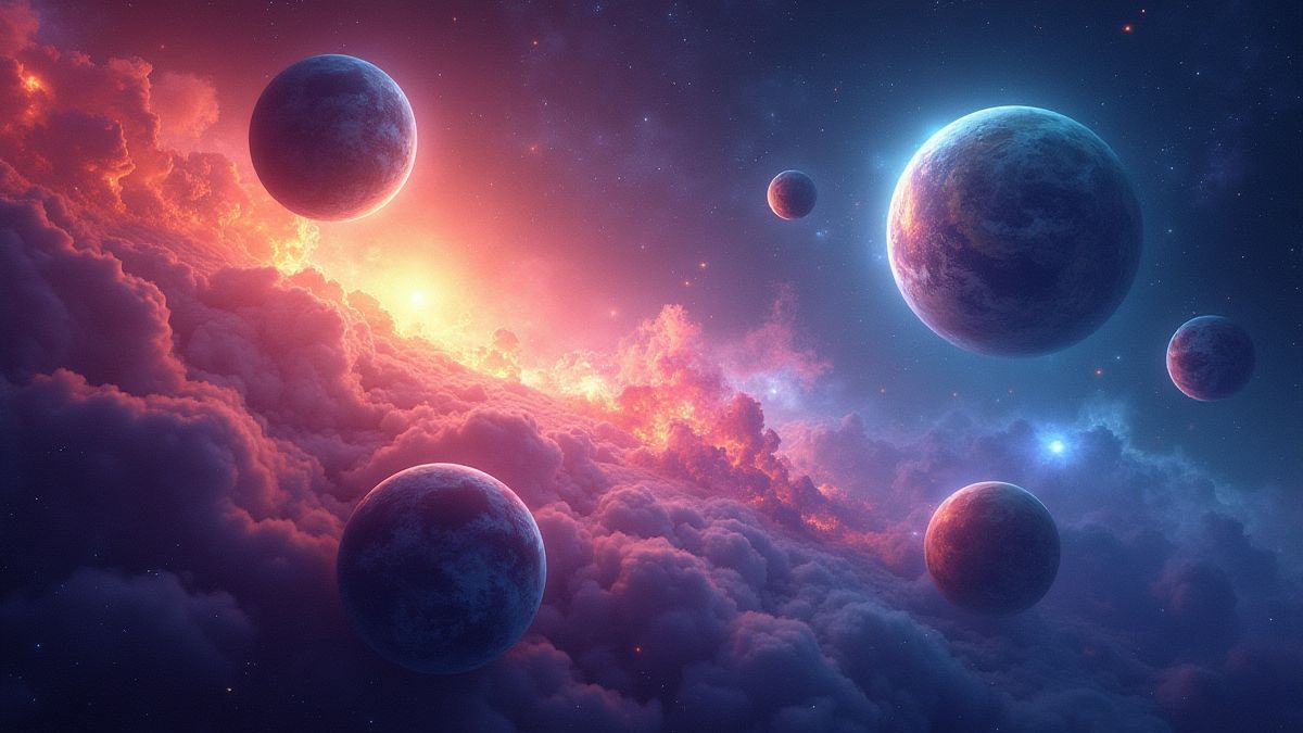 Vibrant galaxy with colorful planets and bright stars.