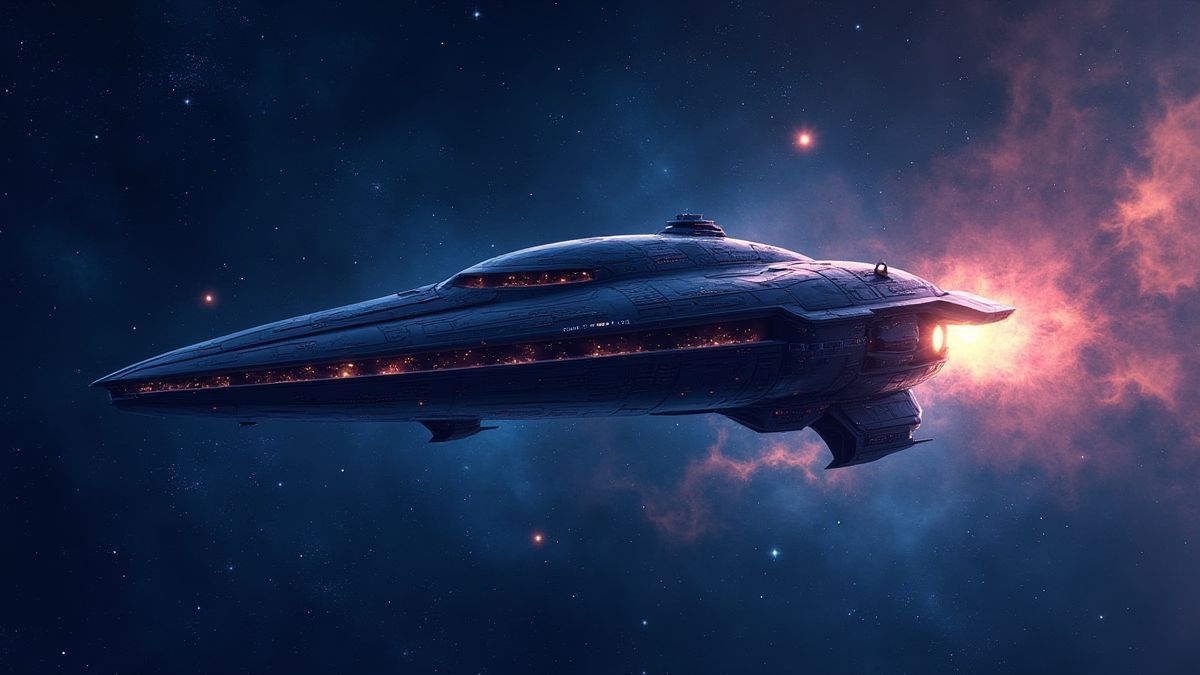 A futuristic spaceship flying through a galaxy filled with stars.