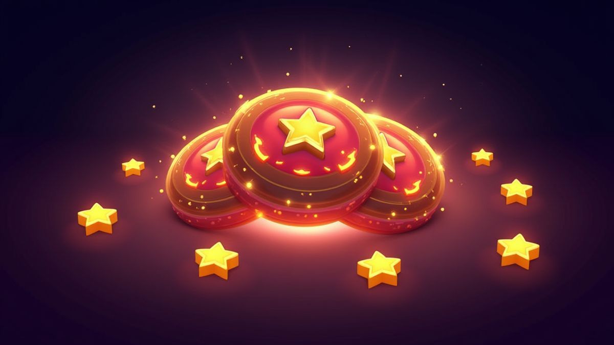 Glowing free spins tokens surrounded by stars.
