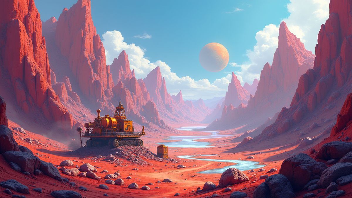 Eine farbenfrohe, fremde Landschaft mit futuristischem Bergbaugerät.