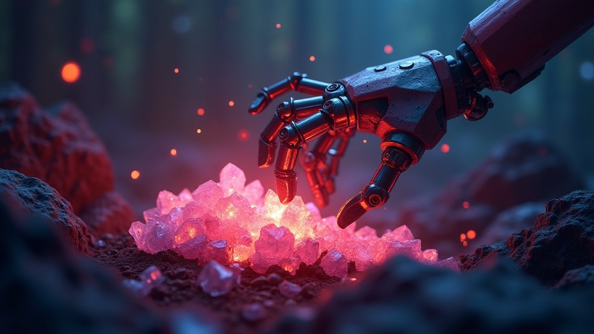 Leuchtende Kristalle, die von einem futuristischen Roboterarm ausgegraben werden.