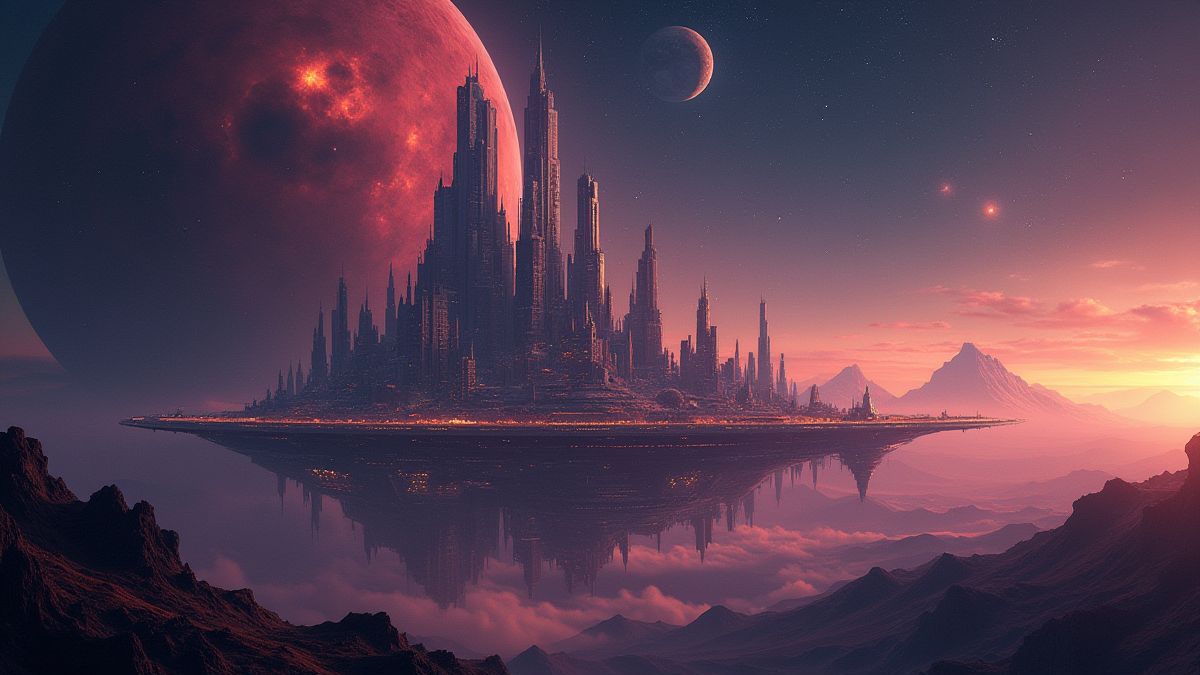 Una ciudad futurista en un planeta distante rodeada de estrellas brillantes.