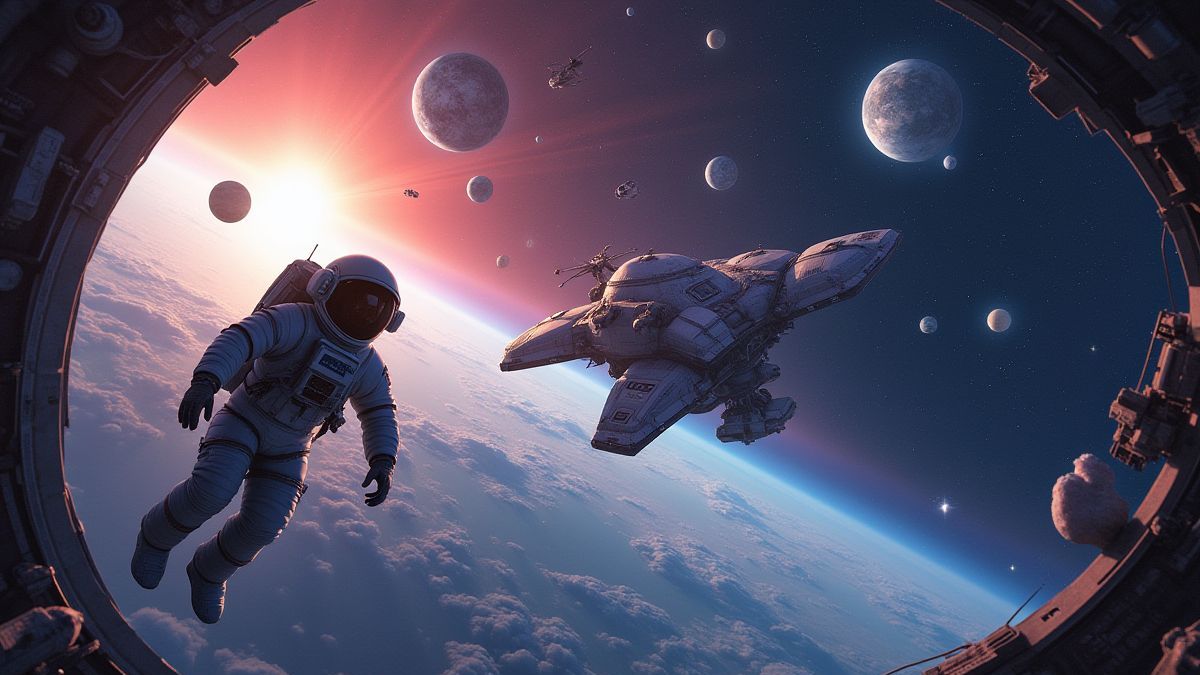 Un astronauta flotando cerca de una nave espacial con planetas y estrellas al fondo.