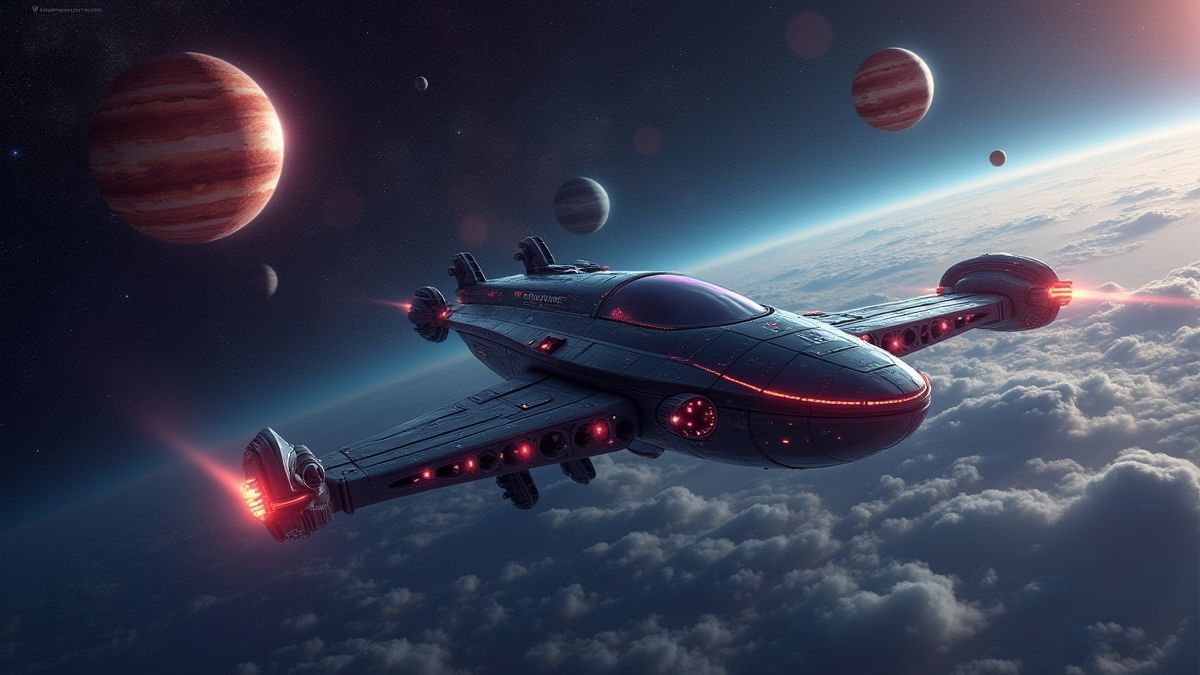 Nave espacial futurista navegando entre planetas coloridos.