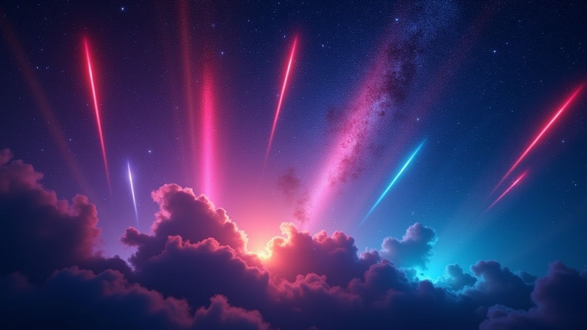 Lluvia de meteoritos brillando en tonos neón en una galaxia estrellada.