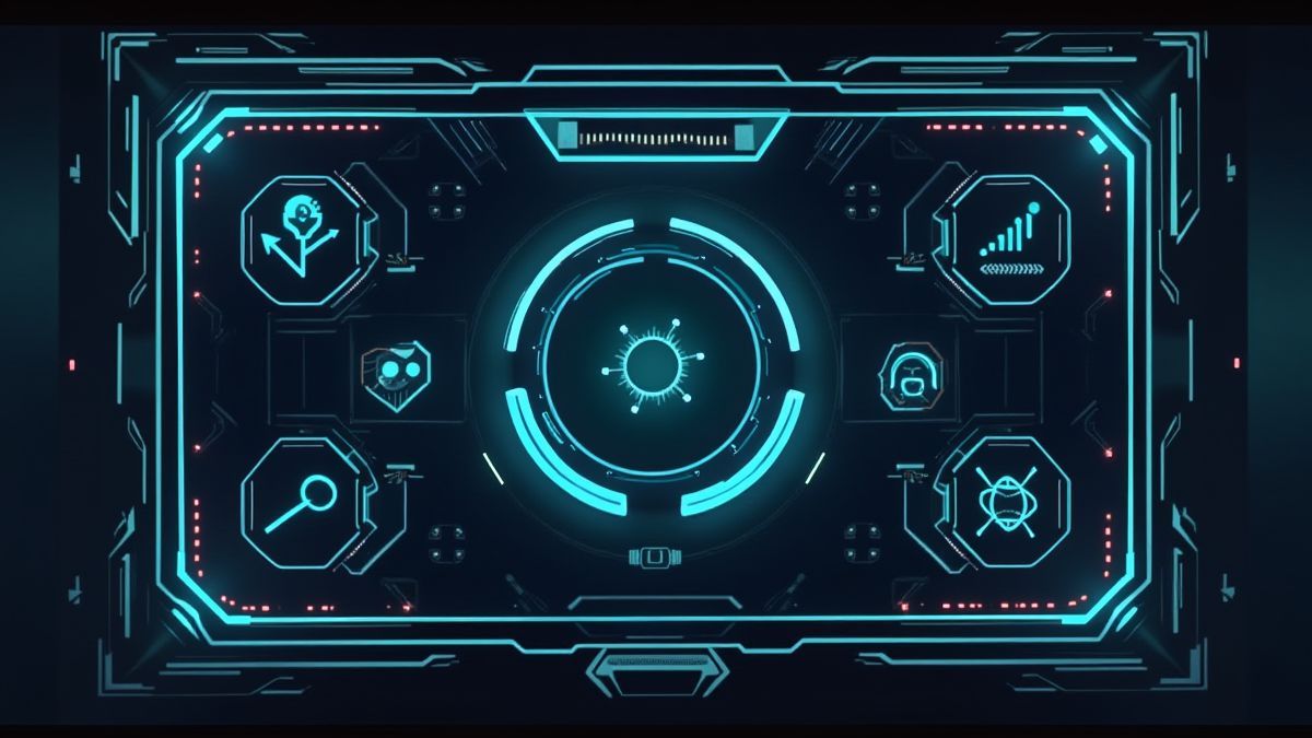 Un diseño futurista con botones luminosos e iconos de temática espacial.