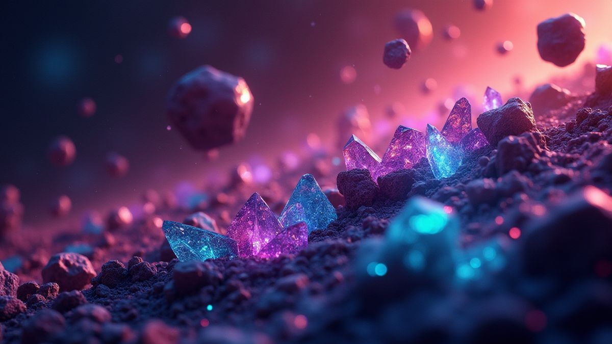 A vibrant asteroid field with bright crystals floating in space.