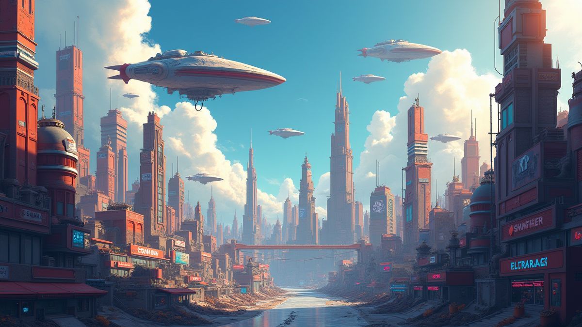 Bild einer futuristischen Stadt mit überfliegenden alien Raumschiffen.