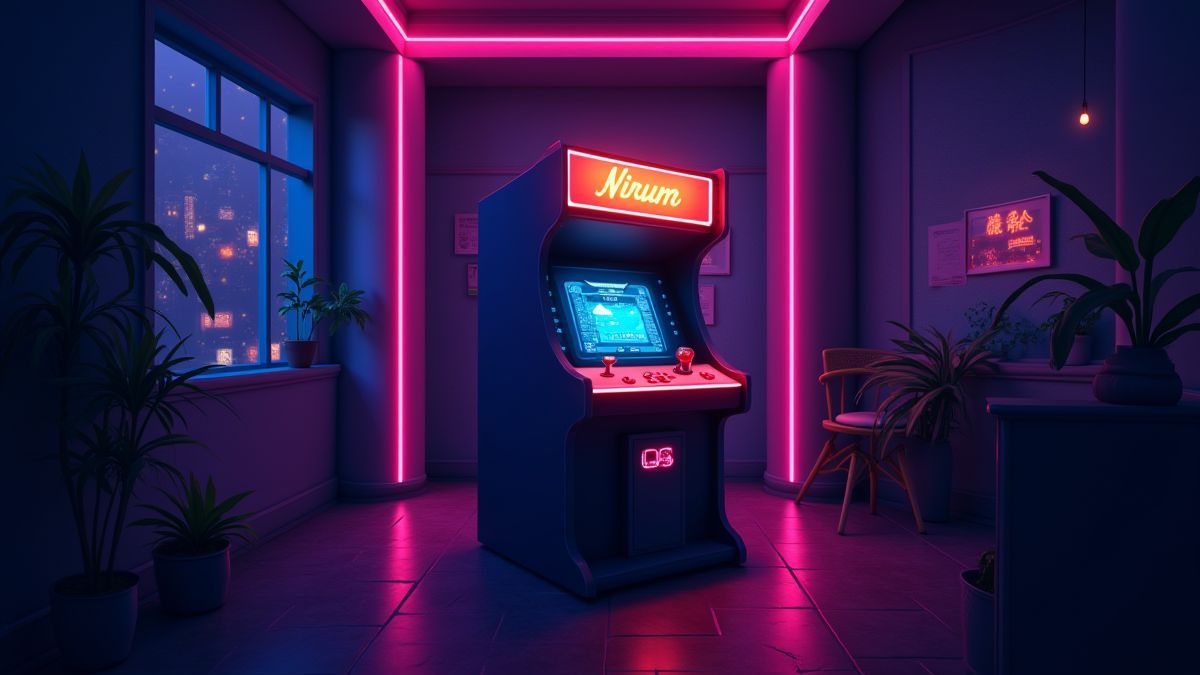 Leuchtende Arcade-Maschine in einem dunklen Raum mit Neonlichtern.