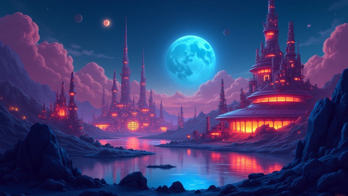 An alien planet filled with futuristic lights and buildings.