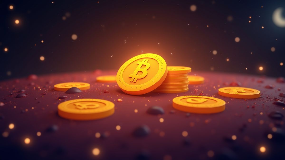 Glowing coins floating in space surrounded by stars.