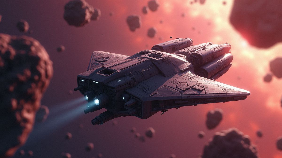 Een ruimteschip dat tussen asteroïdefel in een levendige achtergrond navigeert.