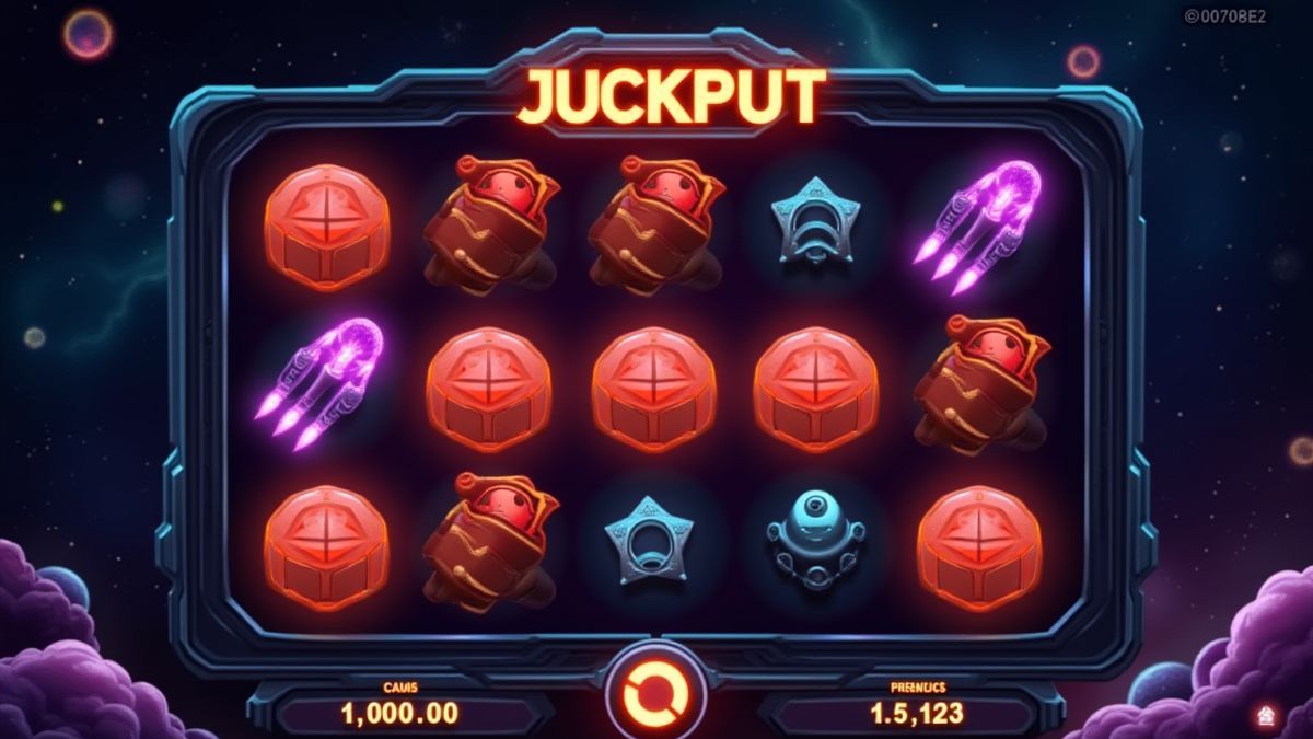 Een gloeiende jackpot teller in een futuristische ruimte-thema slot game interface.