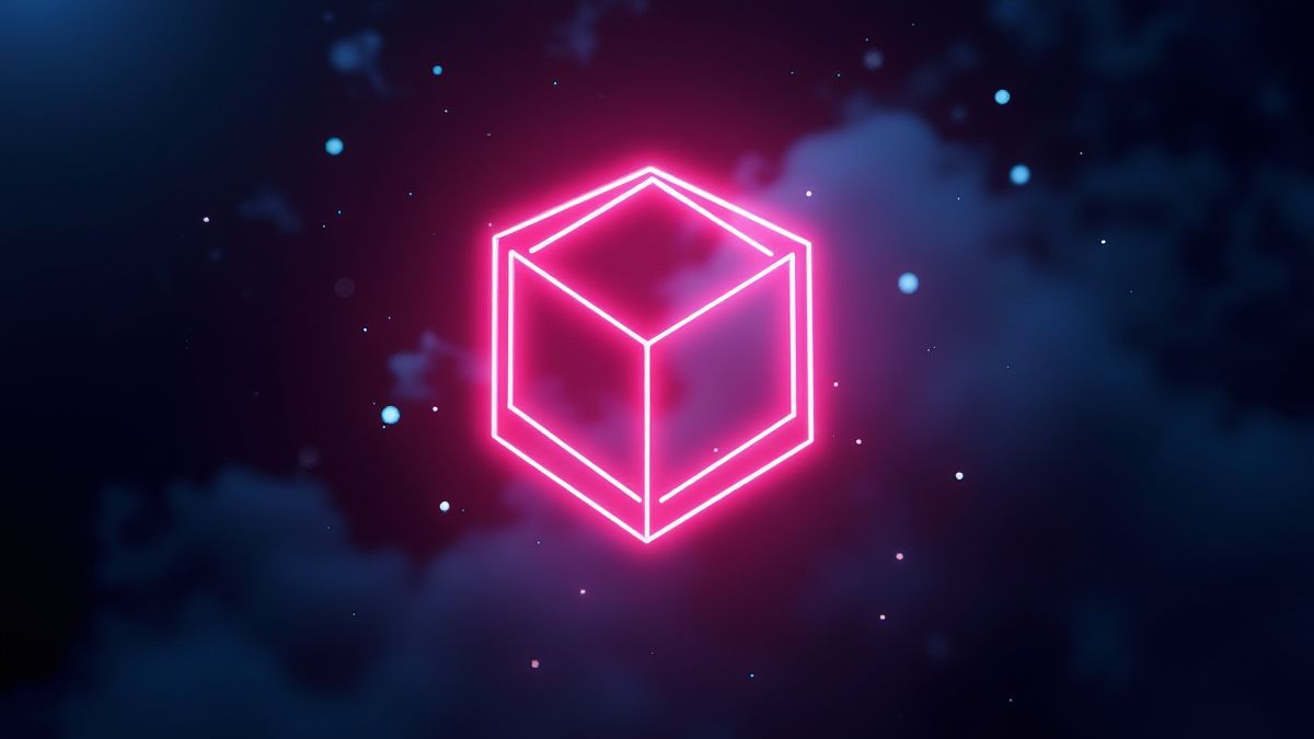 Forma geométrica futurista flotando no espaço com luzes de néon.