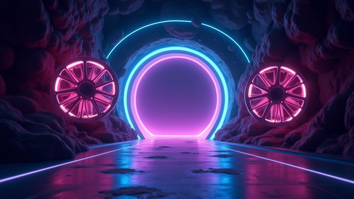 Um portal brilhante entre dois rolos futuristas iluminados com luzes de néon.