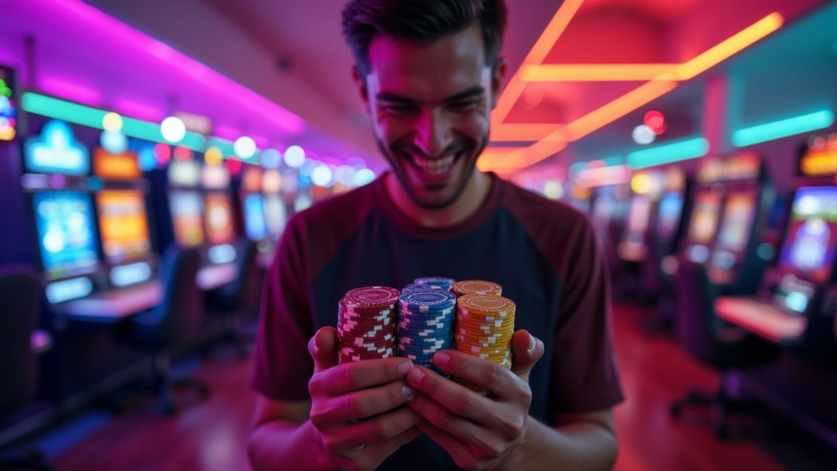 Jogador feliz segurando fichas de cassino em uma sala iluminada com luzes de néon.