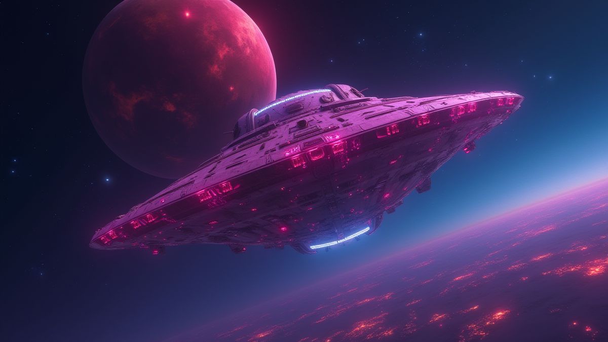 An alien spaceship hovering over a neon-lit planet.
