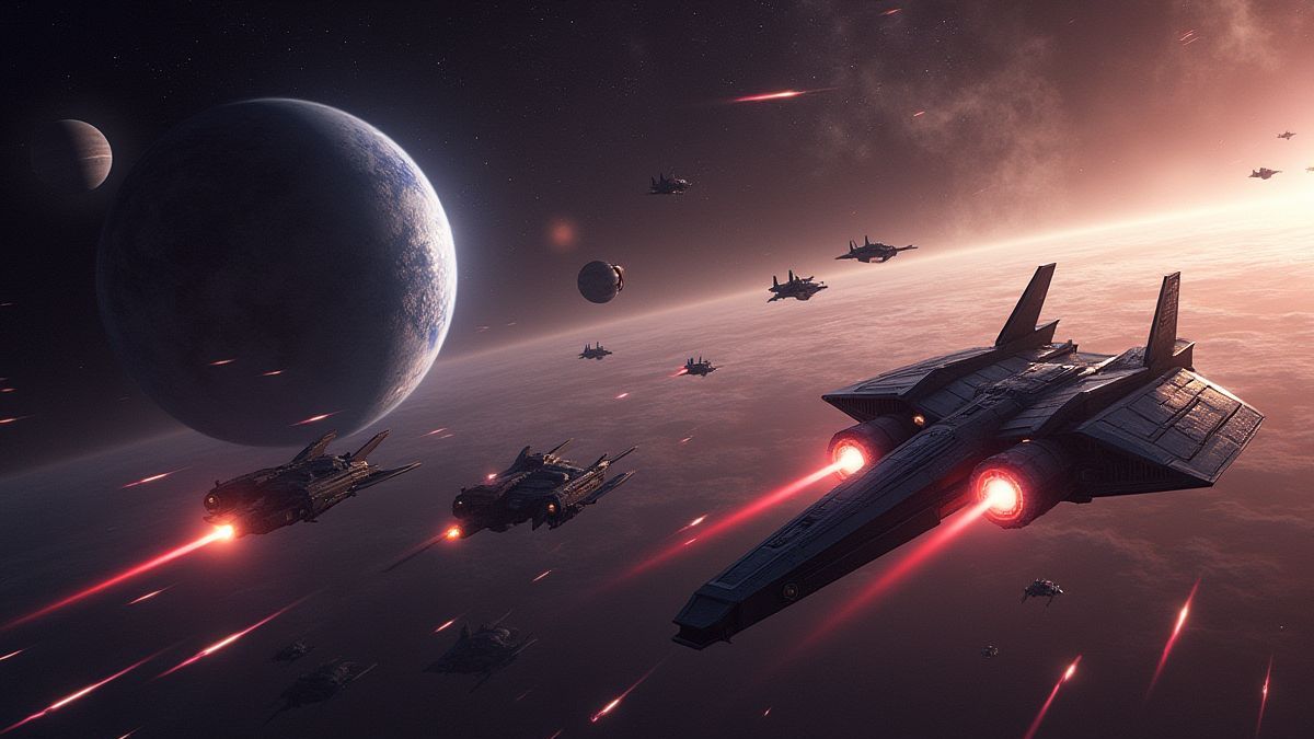 A cosmic battlefield with spaceships firing lasers and planets in the background.