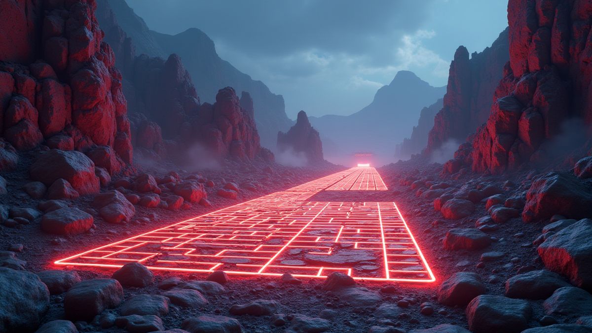 Paisagem futurista com rochas brilhantes e tecnologia alienígena.