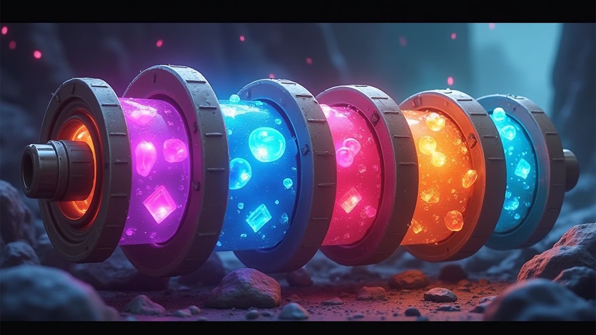Carretes expandidos com gemas brilhantes e ferramentas futuristas.
