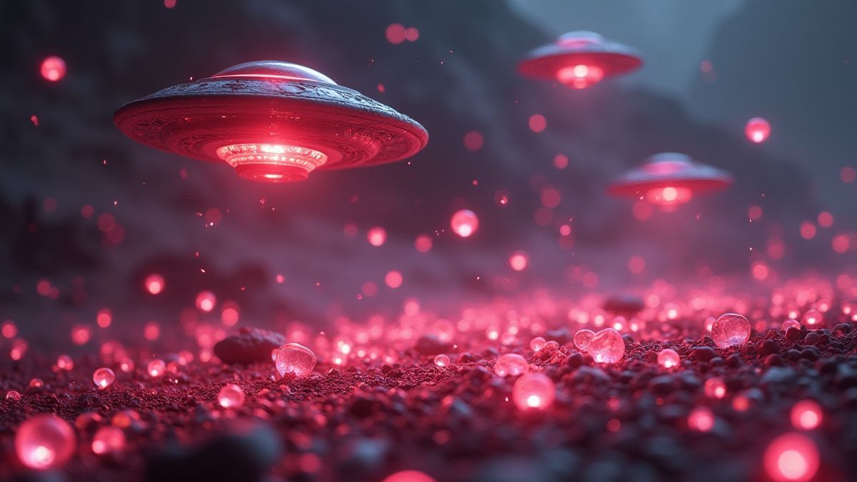 OVNIs voando e dispersando gemas brilhantes em um cenário alienígena.