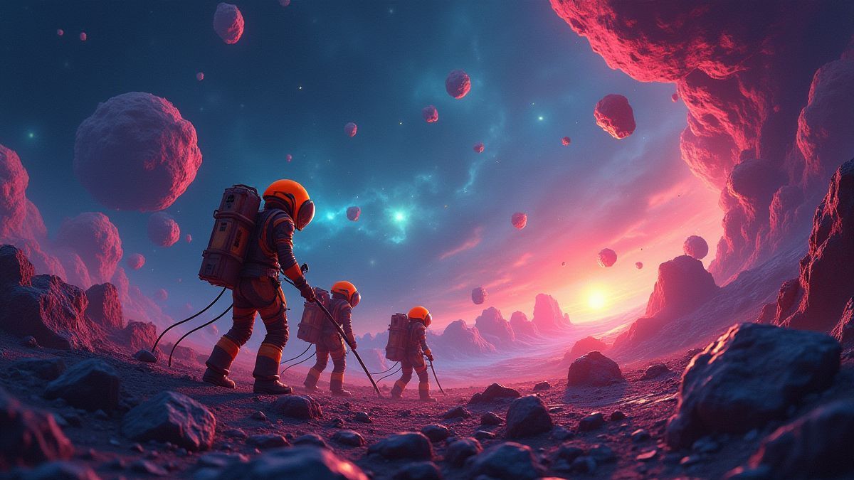 Escena de mineros alienígenas excavando asteroides luminosos.