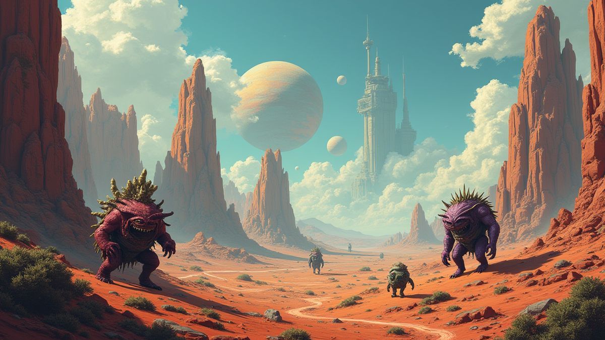 Un paysage alien détaillé avec des monstres amusants se promenant.