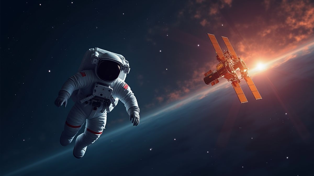 Een astronaut die zweeft dicht bij een stralende satelliet in de ruimte.