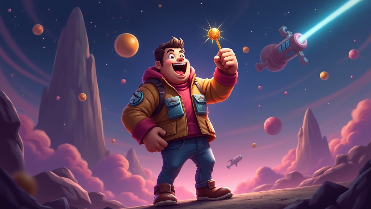 Speler viert een kleine overwinning in een ruimte-thema omgeving.